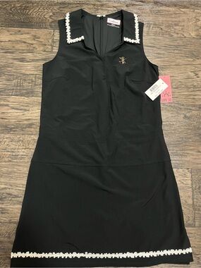 Golfini Black Sleeveless Polo Mini Dress with White Crochet Trim